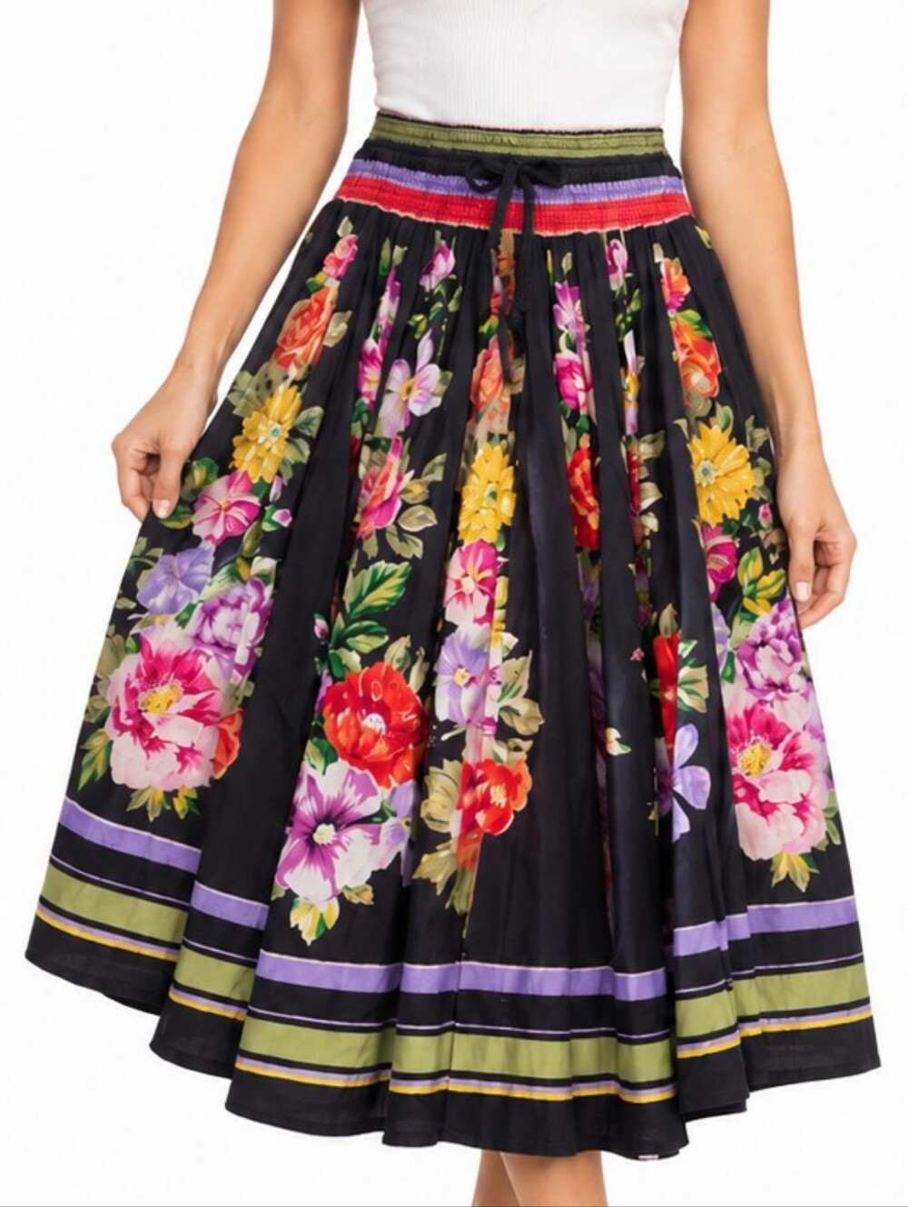 Vintage René Derhy Floral Print Cotton Midi Skirt Sz Medium Sequins Boho Casual